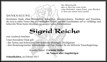 Traueranzeige von Sigrid Reiche von Südthüringer Presse