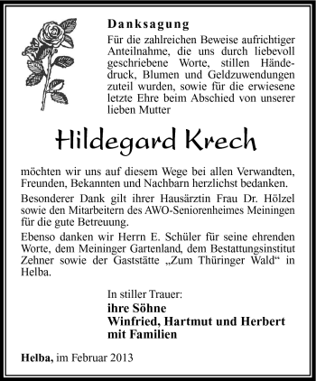 Traueranzeige von Hildegard Krech von Südthüringer Presse