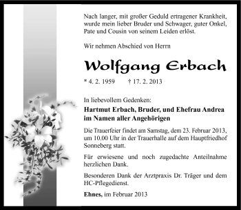 Traueranzeige von Wolfgang Erbach von Südthüringer Presse