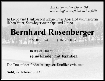 Traueranzeige von Bernhard Rosenberger von Südthüringer Presse
