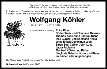 Traueranzeige von Wolfgang Köhler von Südthüringer Presse