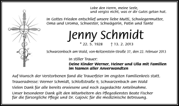 Traueranzeige von Jenny Schmidt von Frankenpost