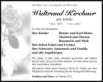 Traueranzeige von Waltraud Kirchner von Südthüringer Presse
