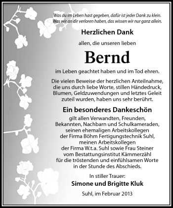 Traueranzeige von Bernd Kluk von Südthüringer Presse