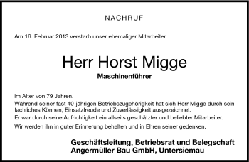 Traueranzeige von Horst Migge von Neue Presse Coburg