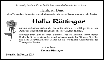 Traueranzeige von Hella Rüttinger von Südthüringer Presse