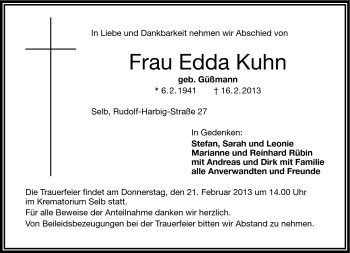 Traueranzeige von Edda Kuhn von Frankenpost