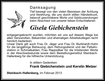 Traueranzeige von Gisela Giebichenstein von Südthüringer Presse