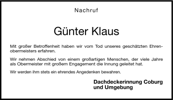 Traueranzeige von Günter Klaus von Neue Presse Coburg
