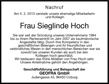 Traueranzeige von Sieglinde Hoch von Neue Presse Coburg