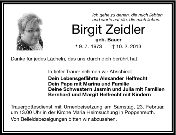 Traueranzeige von Birgit Zeidler von Frankenpost