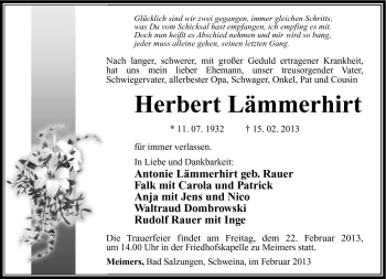 Traueranzeige von Herbert Lämmerhirt von Südthüringer Presse