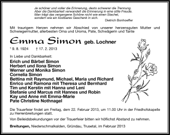Traueranzeige von Emma Simon von Südthüringer Presse