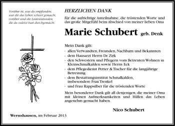 Traueranzeige von Marie Schubert von Südthüringer Presse