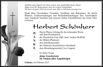 Traueranzeige von Herbert Schönherr von Südthüringer Presse