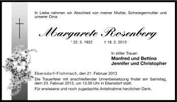 Traueranzeige von Margarete Rosenberg von Neue Presse Coburg