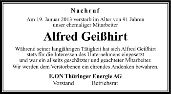 Traueranzeige von Alfred Geißhirt von Südthüringer Presse