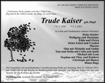 Traueranzeige von Trude Kaiser von Südthüringer Presse