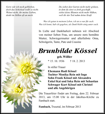 Traueranzeige von Brunhilde Kössel von Südthüringer Presse