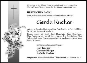 Traueranzeige von Gerda Kuchar von Südthüringer Presse