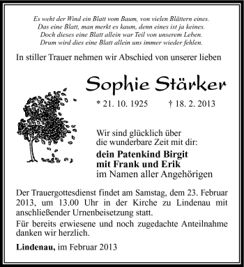 Traueranzeige von Sophie Stärker von Südthüringer Presse