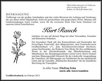 Traueranzeige von Kurt Rauch von Südthüringer Presse