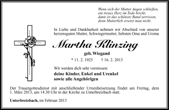 Traueranzeige von Martha Klinzing von Südthüringer Presse