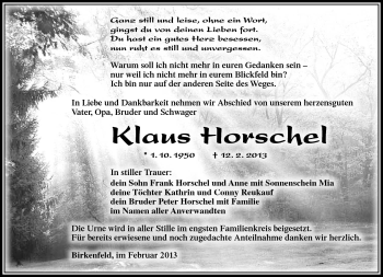 Traueranzeige von Klaus Horschel von Südthüringer Presse