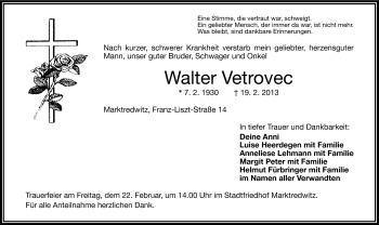 Traueranzeige von Walter Vetrovec von Frankenpost