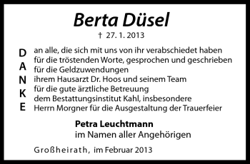 Traueranzeige von Berta Düsel von Neue Presse Coburg