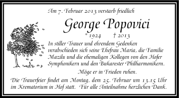 Traueranzeige von George Popovici von Frankenpost