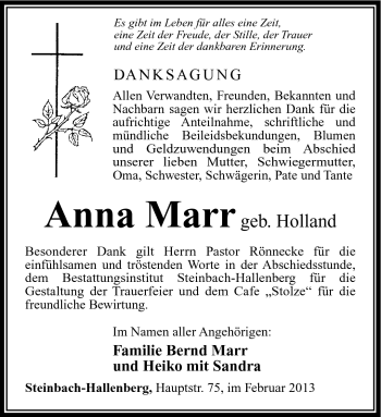 Traueranzeige von Anna Marr von Südthüringer Presse