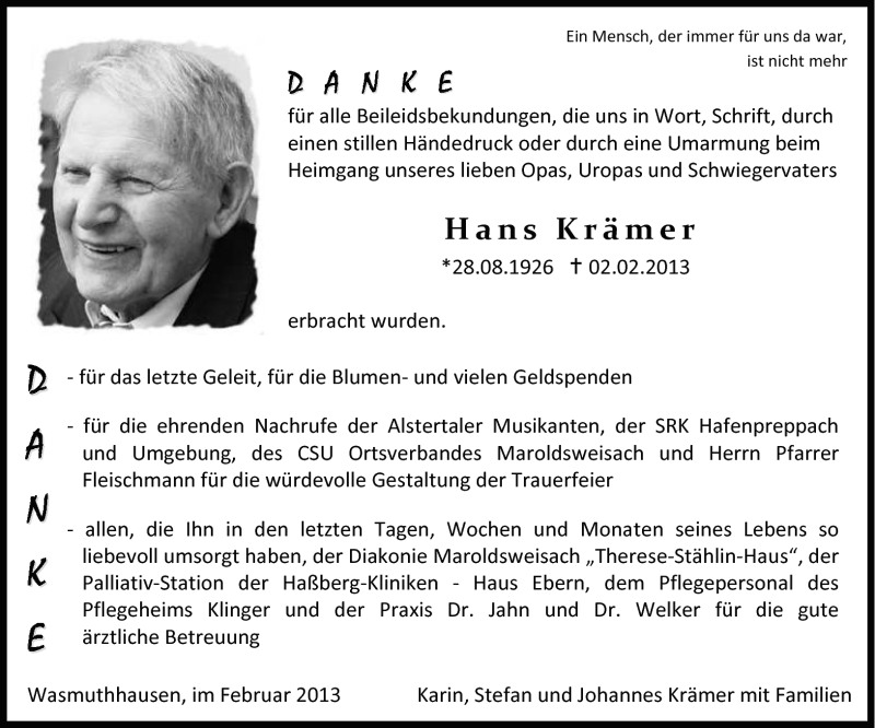  Traueranzeige für Hans Krämer vom 22.02.2013 aus Neue Presse Coburg