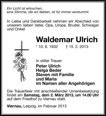 Traueranzeige von Waldemar Ulrich von Südthüringer Presse