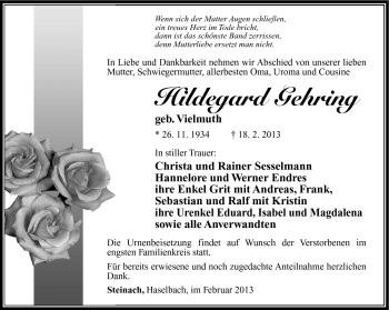 Traueranzeige von Hildegard Gehring von Südthüringer Presse