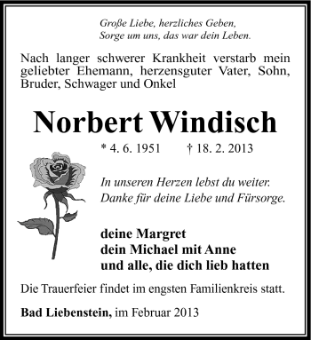 Traueranzeige von Norbert Windisch von Südthüringer Presse