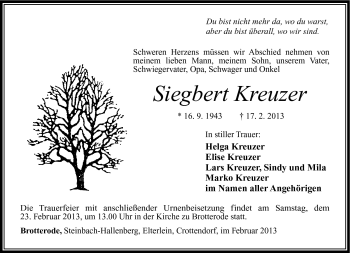 Traueranzeige von Siegbert Kreuzer von Südthüringer Presse