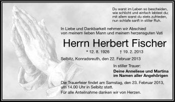 Traueranzeige von Herbert Fischer von Frankenpost