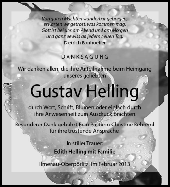 Traueranzeige von Gustav Helling von Südthüringer Presse