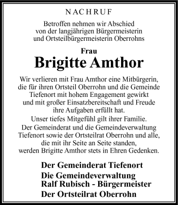 Traueranzeige von Brigitte Amthor von Südthüringer Presse