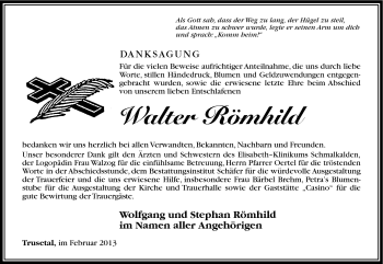 Traueranzeige von Walter Römhild von Südthüringer Presse