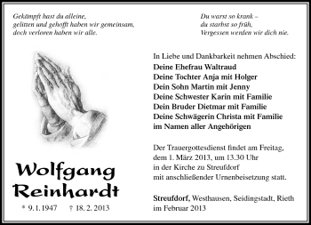 Traueranzeige von Wolfgang Reinhardt von Südthüringer Presse