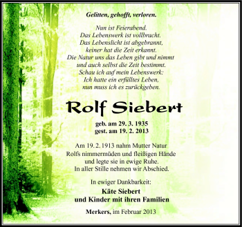 Traueranzeige von Rolf Siebert von Südthüringer Presse