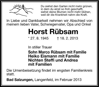 Traueranzeige von Horst Rübsam von Südthüringer Presse