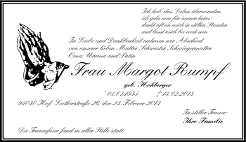 Traueranzeige von Margot Rumpf von Frankenpost