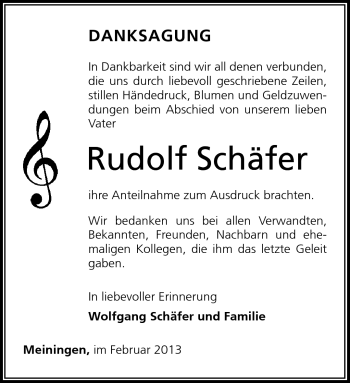 Traueranzeige von Rudolf Schäfer von Südthüringer Presse