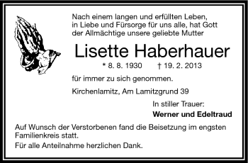 Traueranzeige von Lisette Haberhauer von Frankenpost