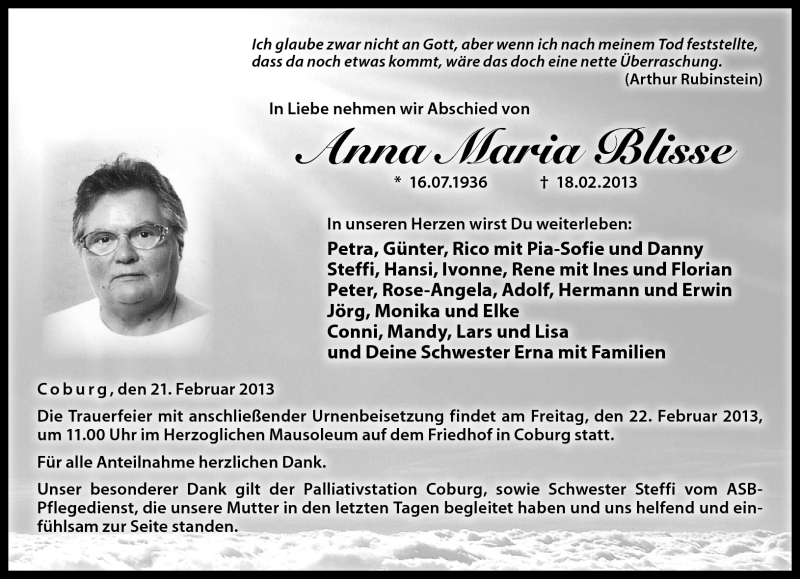  Traueranzeige für Anna Maria Blisse vom 21.02.2013 aus Neue Presse Coburg