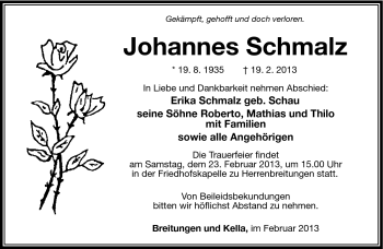 Traueranzeige von Johannes Schmalz von Südthüringer Presse