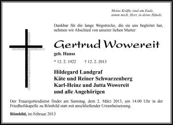 Traueranzeige von Gertrud Wowereit von Südthüringer Presse